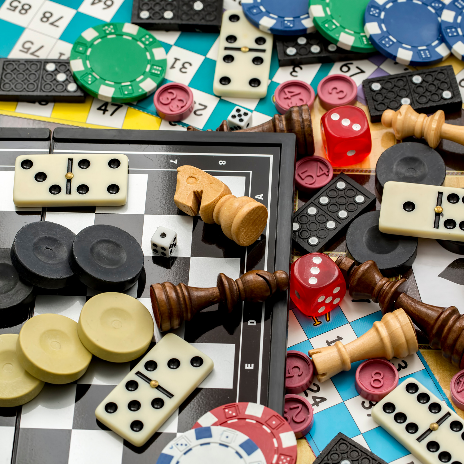 Various board game pieces